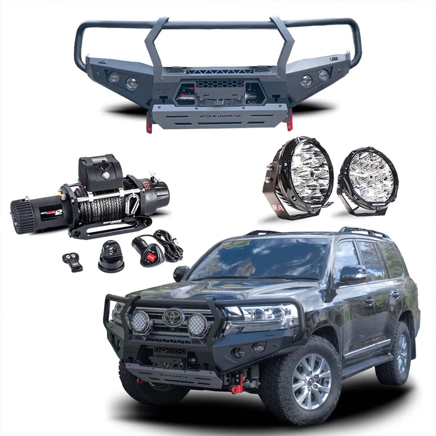 FRONTAL PACK | BULL BAR WINCH SPOTTIES SUITS LANDCRUISER 200 SERIES 09/2015 - 10/2021 | ROCKARMOR