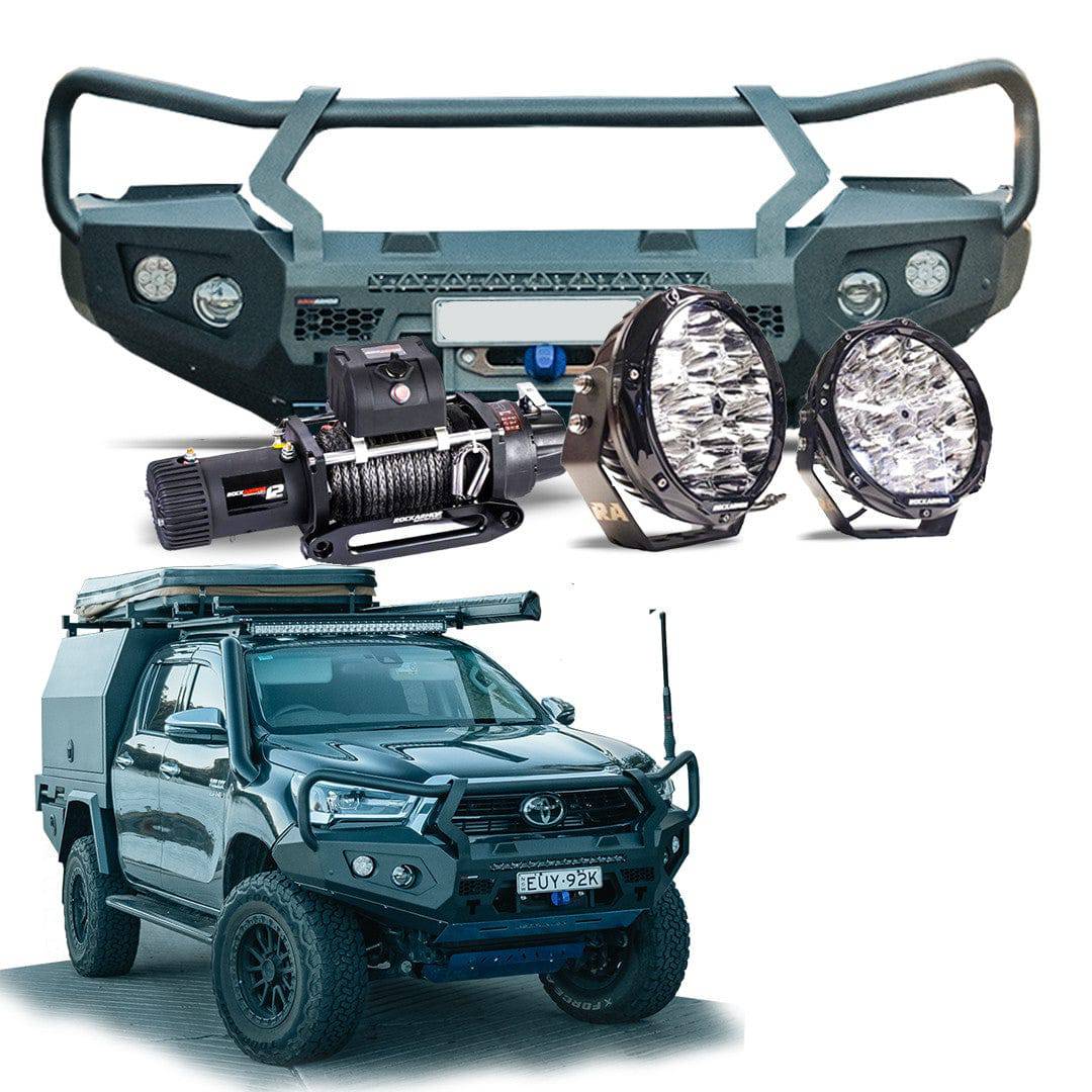 FRONTAL GT BULL BAR PACK SUITS - HILUX 08/2020 - 11/2025 12,000LBS WINCH / R85 LED SPOTTIES | ROCKAMOR