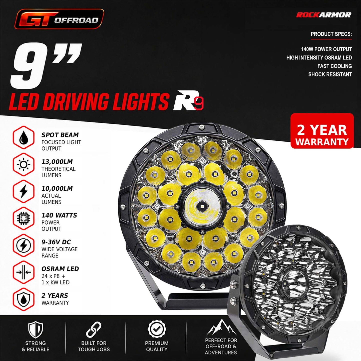 9" 140W LED DRIVING LIGHTS | R9'S ROCKARMOR