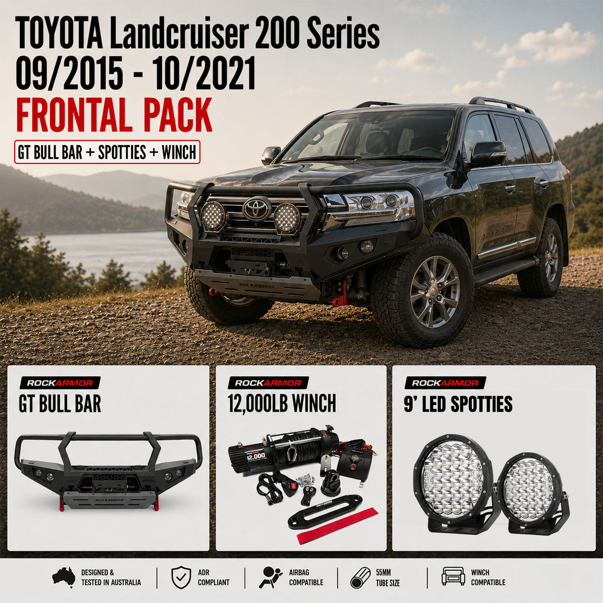 FRONTAL PACK | BULL BAR WINCH SPOTTIES SUITS LANDCRUISER 200 SERIES 09/2015 - 10/2021 | ROCKARMOR