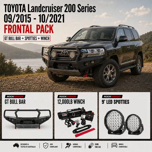 FRONTAL PACK | BULL BAR WINCH SPOTTIES SUITS LANDCRUISER 200 SERIES 09/2015 - 10/2021 | ROCKARMOR