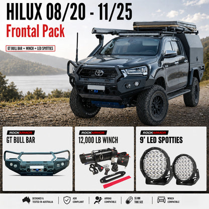 FRONTAL GT BULL BAR PACK SUITS - HILUX 08/2020 - 11/2025 12,000LBS WINCH / 9" LED SPOTTIES | ROCKAMOR