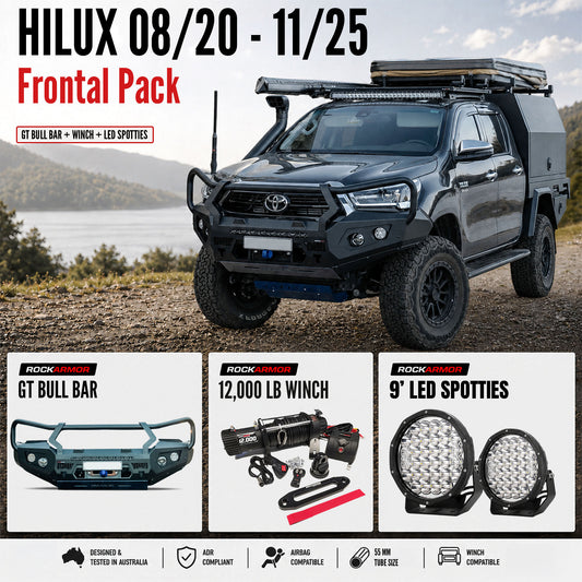 FRONTAL GT BULL BAR PACK SUITS - HILUX 08/2020 - 11/2025 12,000LBS WINCH / 9" LED SPOTTIES | ROCKAMOR