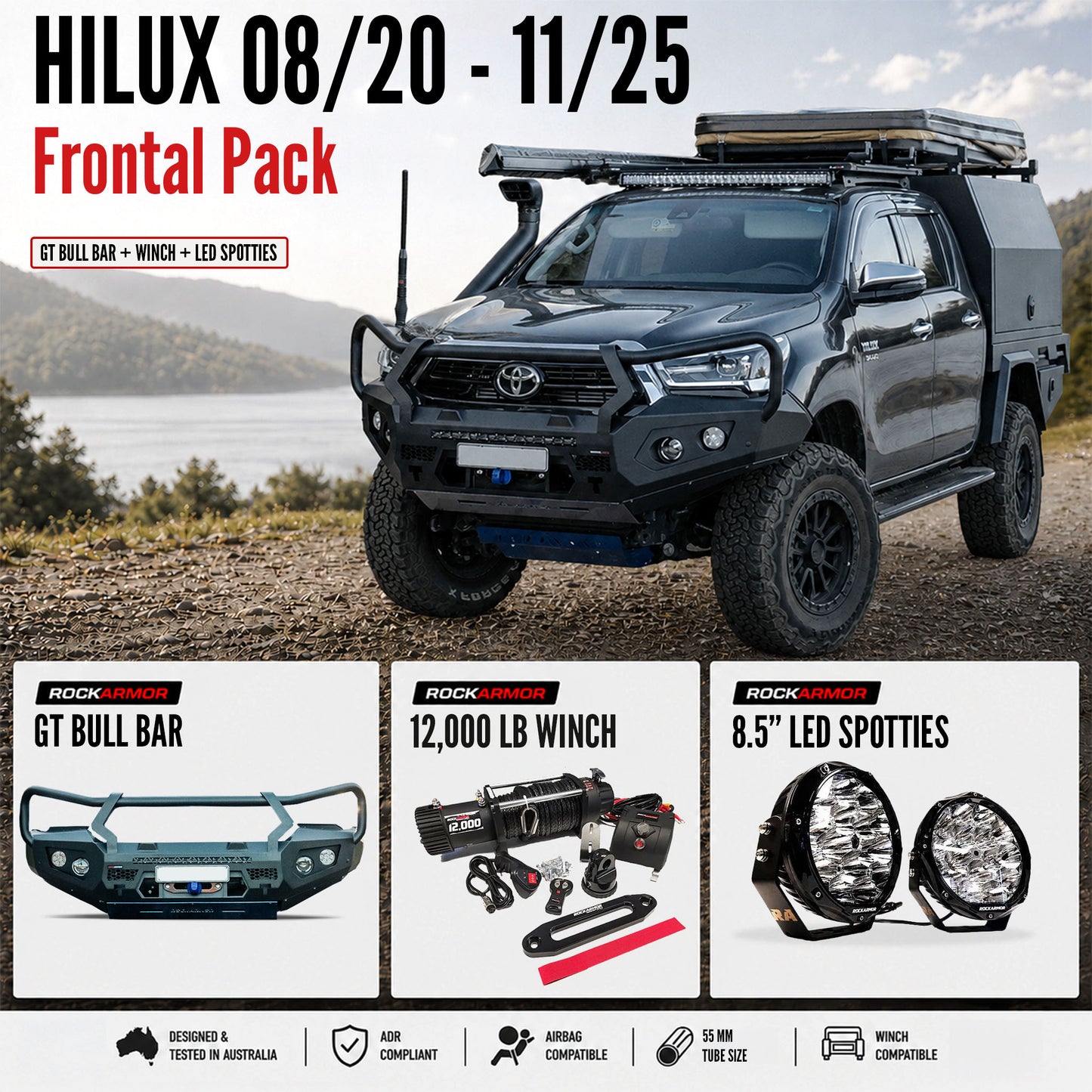 FRONTAL GT BULL BAR PACK SUITS - HILUX 08/2020 - 11/2025 12,000LBS WINCH / R85 LED SPOTTIES | ROCKAMOR