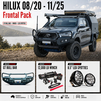 FRONTAL GT BULL BAR PACK SUITS - HILUX 08/2020 - 11/2025 12,000LBS WINCH / R85 LED SPOTTIES | ROCKAMOR