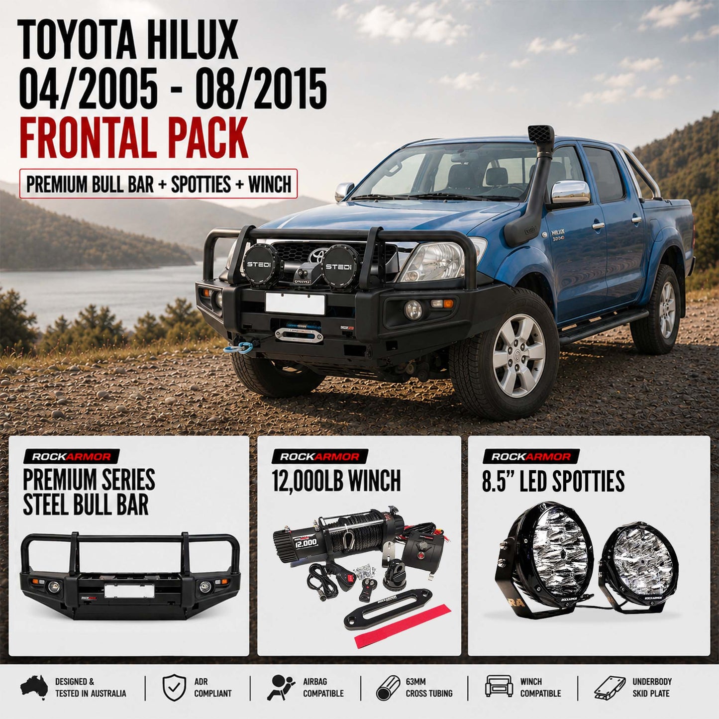 FRONTAL PACK BULL BAR WINCH SPOTTIES SUITS - TOYOTA HILUX | 04/2005 - 08/2015 | ROCKARMOR