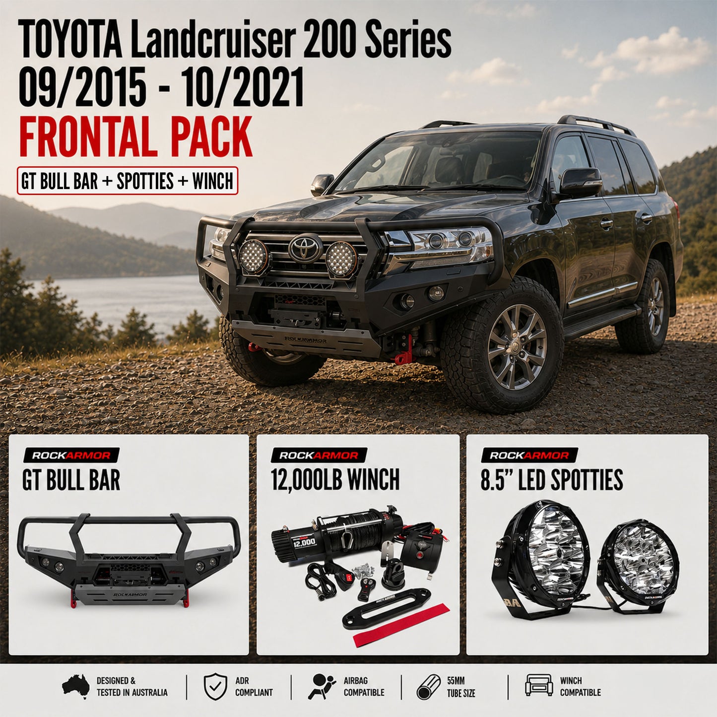 FRONTAL PACK | BULL BAR WINCH SPOTTIES SUITS LANDCRUISER 200 SERIES 09/2015 - 10/2021 | ROCKARMOR
