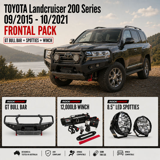 FRONTAL PACK | BULL BAR WINCH SPOTTIES SUITS LANDCRUISER 200 SERIES 09/2015 - 10/2021 | ROCKARMOR