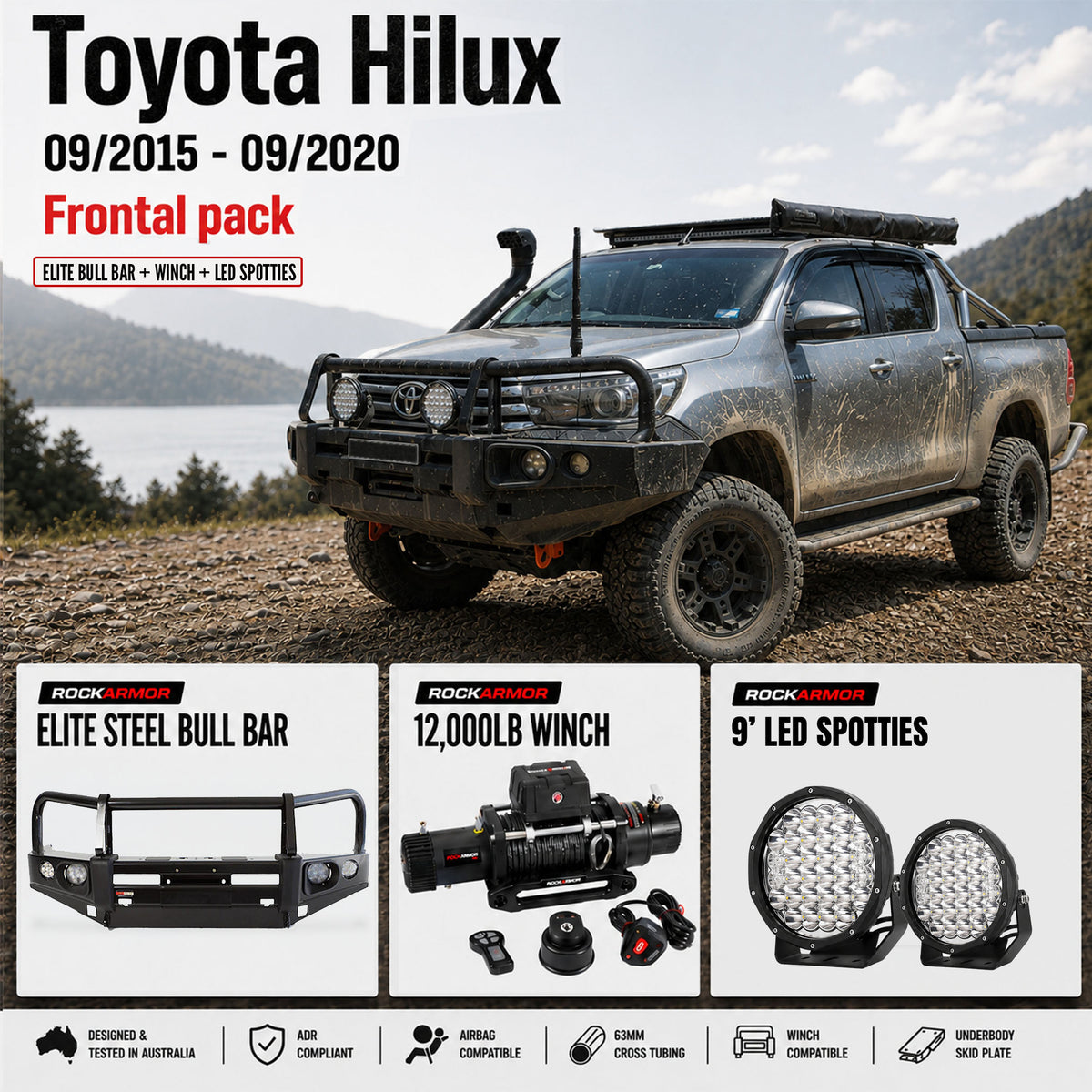 FRONTAL PACK | BULLBAR WINCH  SPOTTIES SUITS TOYOTA HILUX 09/2015 - 09/2020 | ROCKARMOR