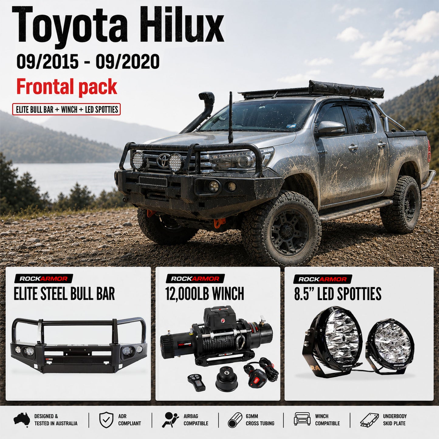 FRONTAL PACK | BULLBAR WINCH  SPOTTIES SUITS TOYOTA HILUX 09/2015 - 09/2020 | ROCKARMOR