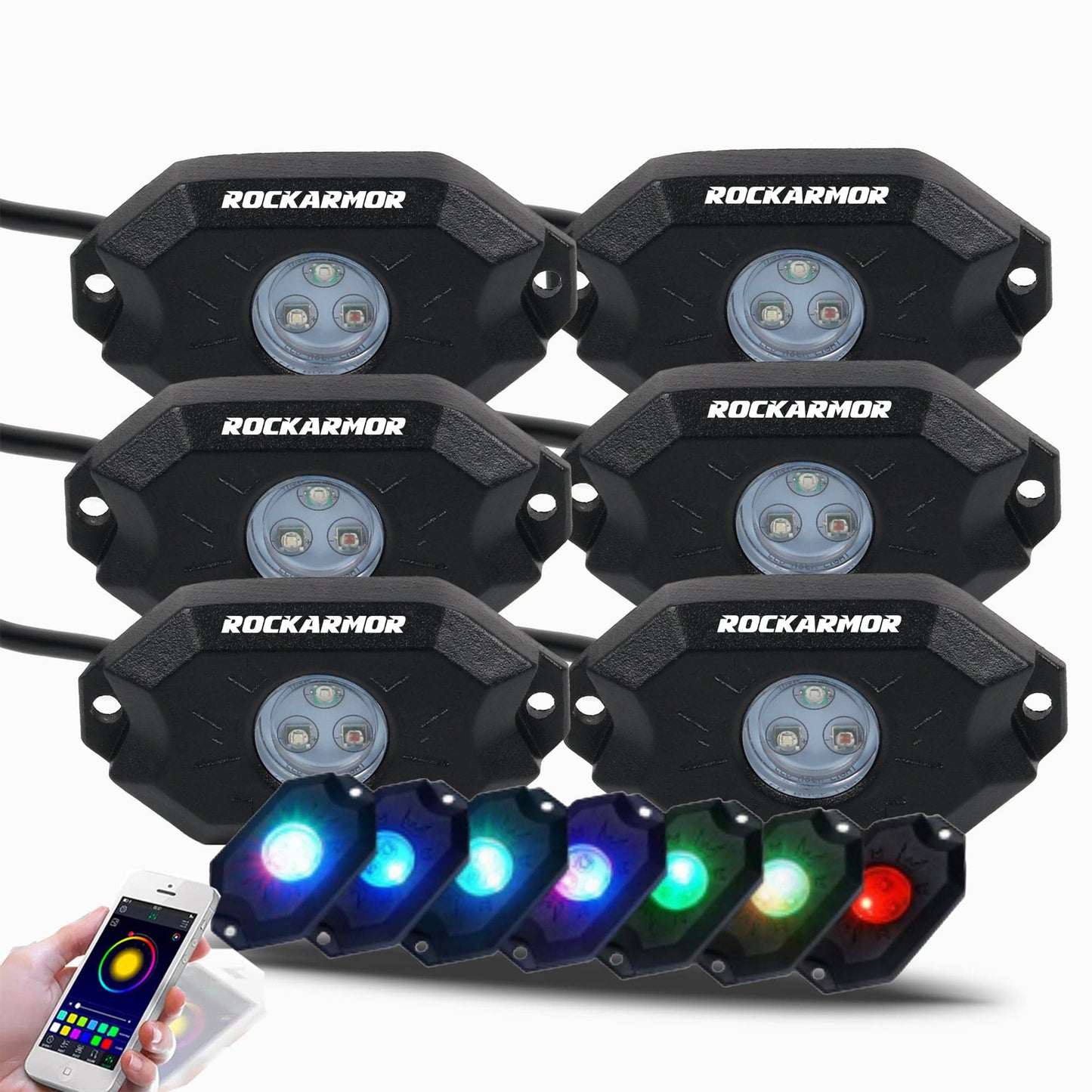 RGB ROCK LIGHTS 6 POD  BLUETOOTH APP ROCKARMOR 4X4
