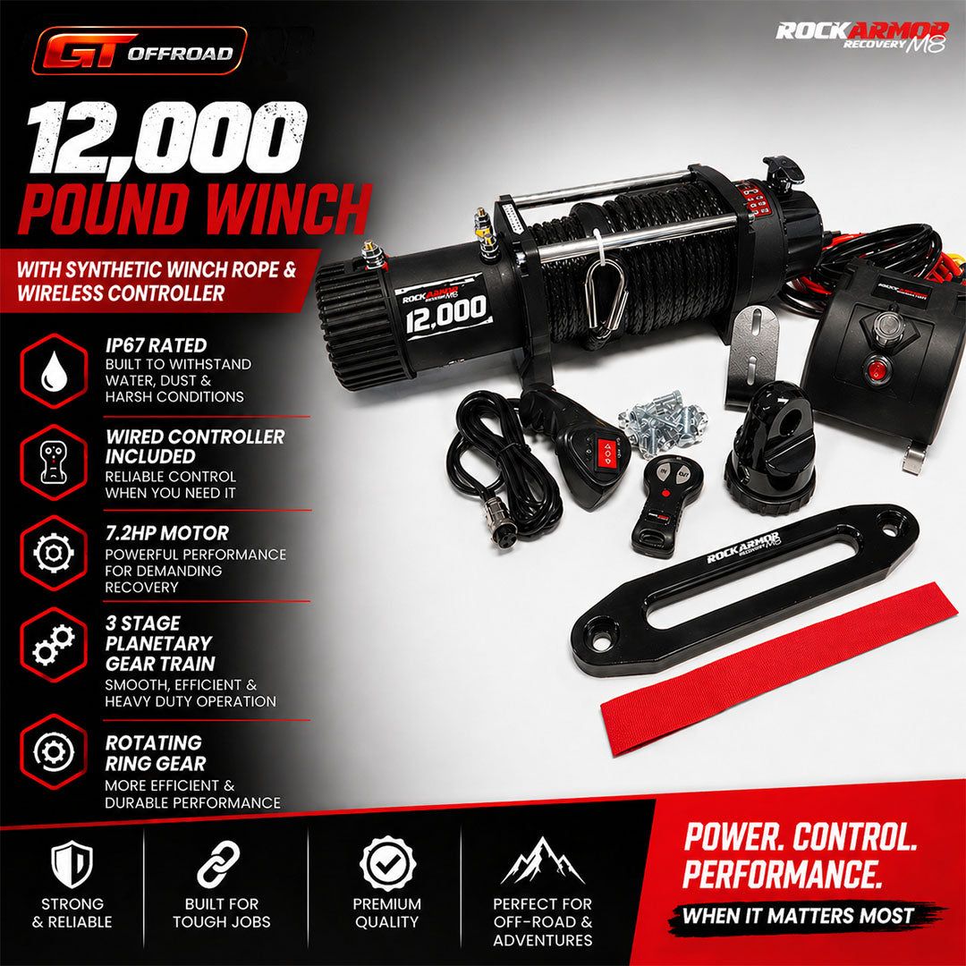 ROCKARMOR 12,000LBS WINCH + R85 LED 8.5" DRIVING LIGHTS COMBO
