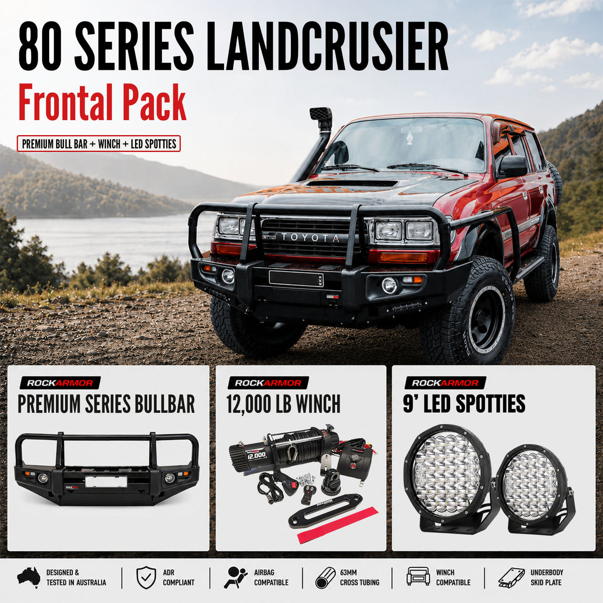 FRONTAL PACK  BULLBAR WINCH SPOTTIES SUITS LANDCRUISER 80 SERIES | ROCKARMOR