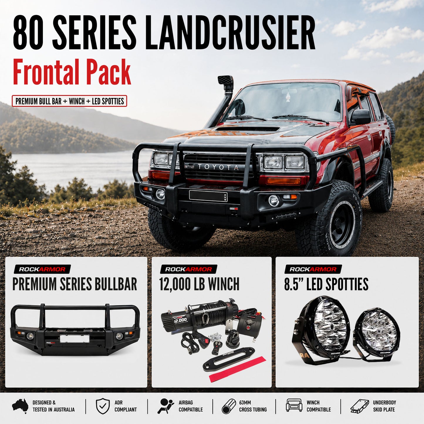 FRONTAL PACK  BULLBAR WINCH SPOTTIES SUITS LANDCRUISER 80 SERIES | ROCKARMOR