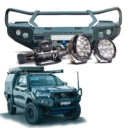 FRONTAL GT BULL BAR PACK SUITS - HILUX 08/2020 - 11/2025 12,000LBS WINCH / R85 LED SPOTTIES | ROCKAMOR
