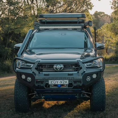 FRONTAL GT BULL BAR PACK SUITS - HILUX 08/2020 - 11/2025 12,000LBS WINCH / R85 LED SPOTTIES | ROCKAMOR